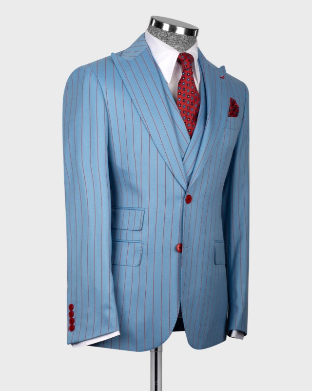 Bespoke Sky Blue 3 Pieces Business Suits With Red Pinstripes