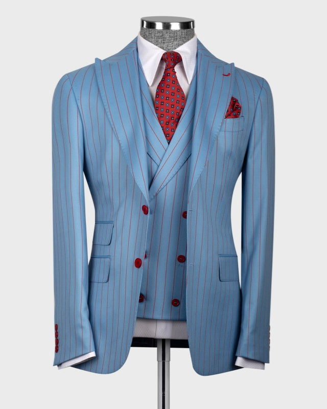 Bespoke Sky Blue 3 Pieces Business Suits With Red Pinstripes