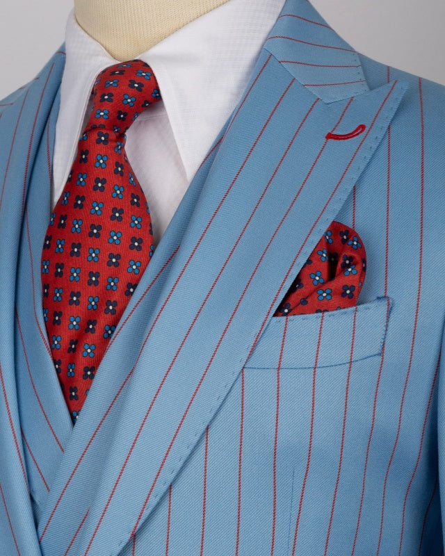 Bespoke Sky Blue 3 Pieces Business Suits With Red Pinstripes