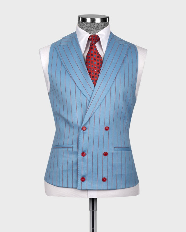 Bespoke Sky Blue 3 Pieces Business Suits With Red Pinstripes