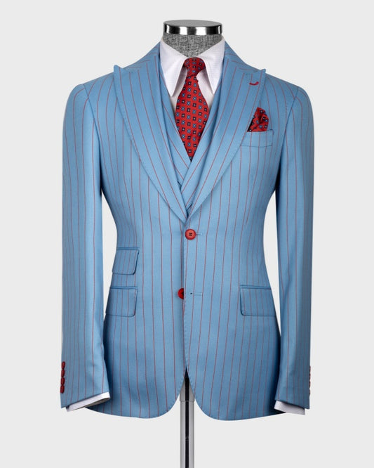 Bespoke Sky Blue 3 Pieces Business Suits With Red Pinstripes