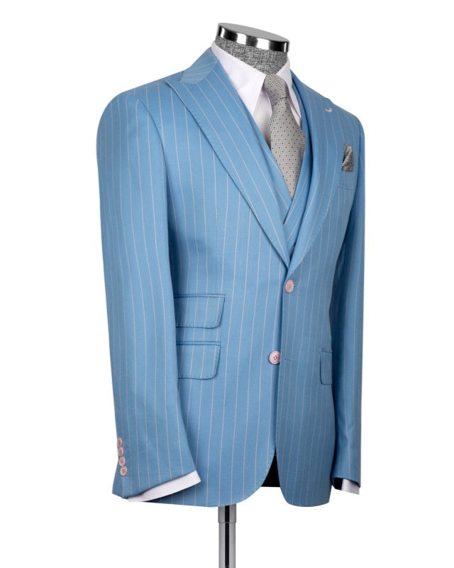 Stylish Sky Blue 3 Pieces Pinstriped Business Suits For Men