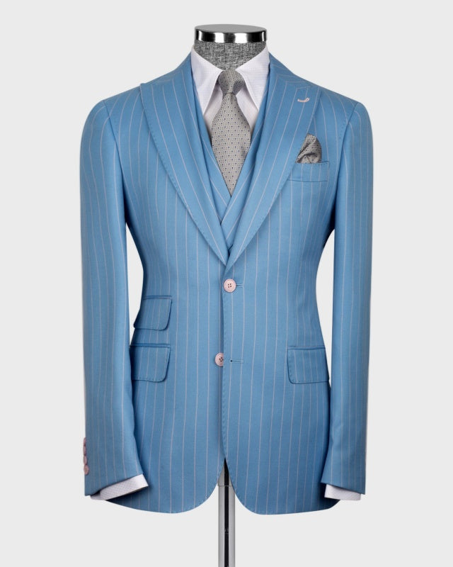 Stylish Sky Blue 3 Pieces Pinstriped Business Suits For Men