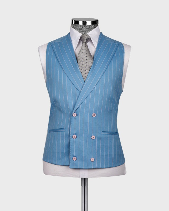 Stylish Sky Blue 3 Pieces Pinstriped Business Suits For Men