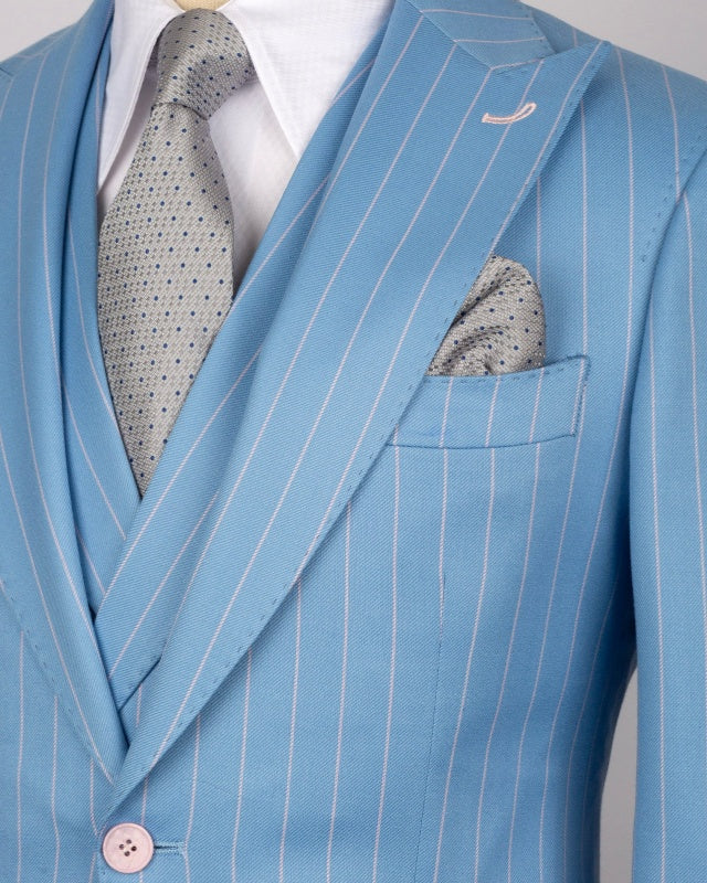 Stylish Sky Blue 3 Pieces Pinstriped Business Suits For Men