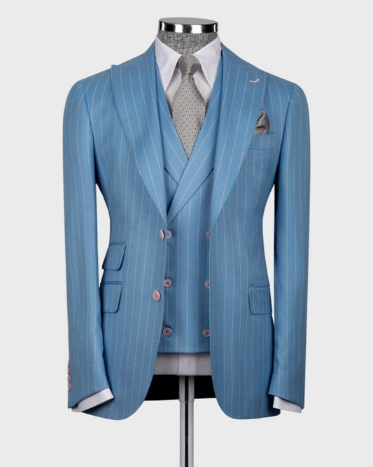 Stylish Sky Blue 3 Pieces Pinstriped Business Suits For Men
