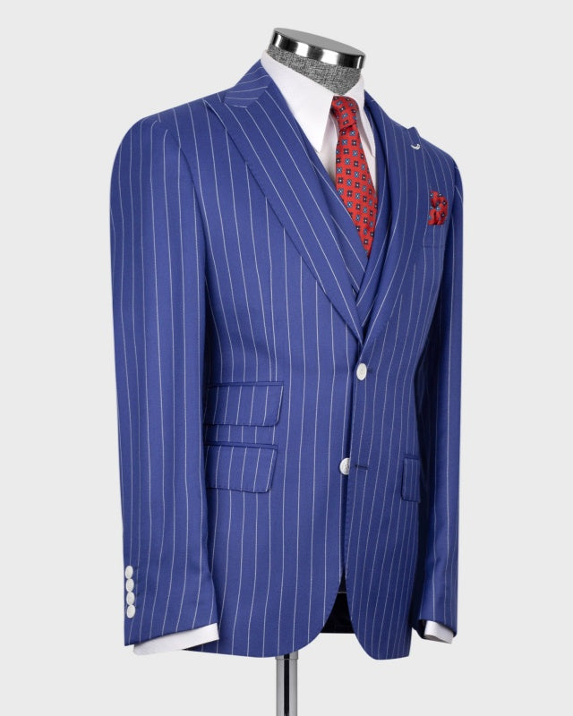 Trendy Dark Blue 3 Pieces Slim Fit Pinstriped Business Men Suits