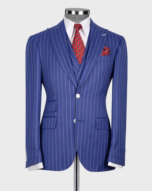 Trendy Dark Blue 3 Pieces Slim Fit Pinstriped Business Men Suits