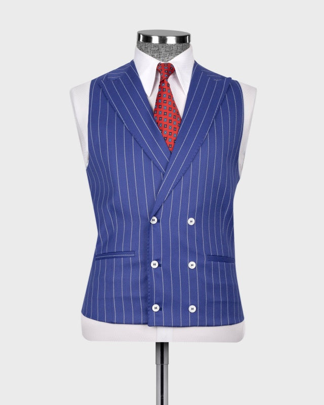 Trendy Dark Blue 3 Pieces Slim Fit Pinstriped Business Men Suits