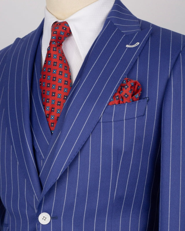 Trendy Dark Blue 3 Pieces Slim Fit Pinstriped Business Men Suits