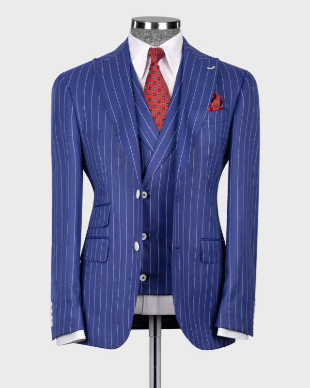 Trendy Dark Blue 3 Pieces Slim Fit Pinstriped Business Men Suits