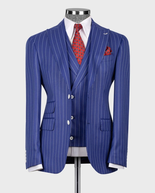 Trendy Dark Blue 3 Pieces Slim Fit Pinstriped Business Men Suits