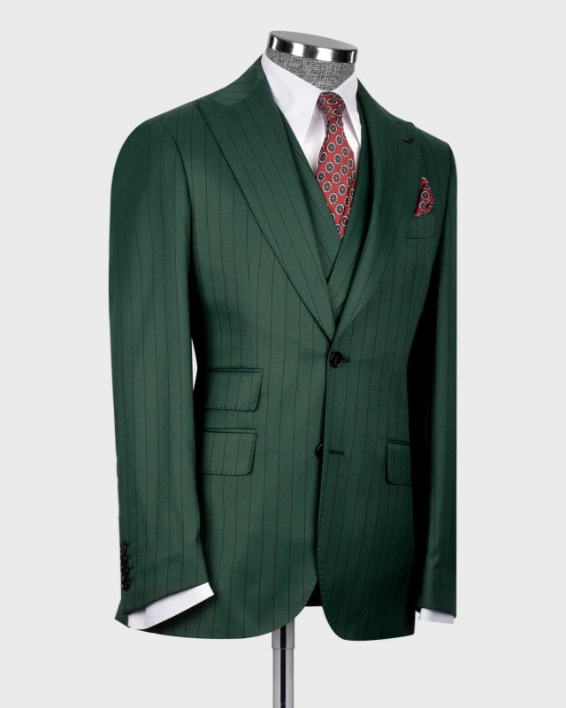 Formal Dark Green 3 Pieces Pinstriped Business Men Suits