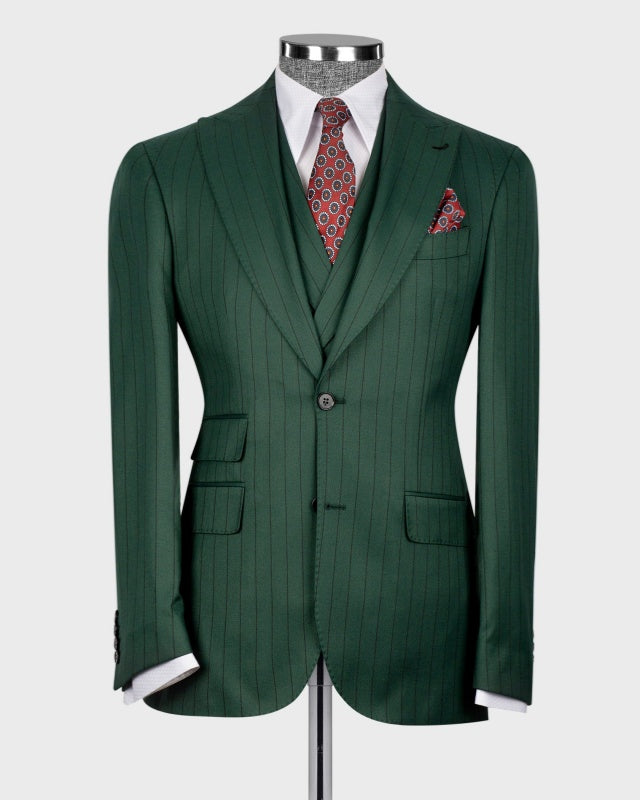 Formal Dark Green 3 Pieces Pinstriped Business Men Suits