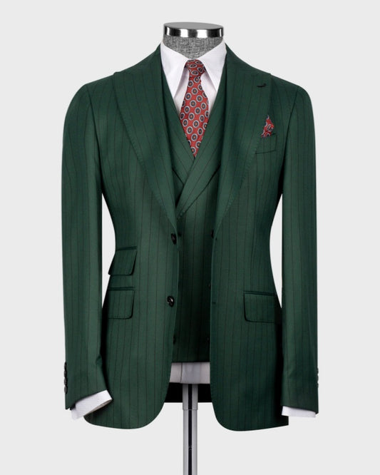 Formal Dark Green 3 Pieces Pinstriped Business Men Suits
