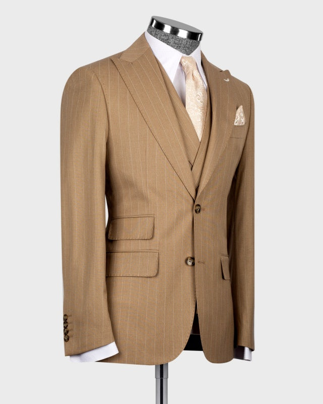 Modern Khaki 3 Pieces Slim Fit Pinstriped Business Suits