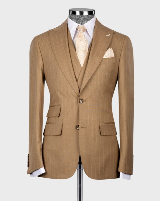 Modern Khaki 3 Pieces Slim Fit Pinstriped Business Suits