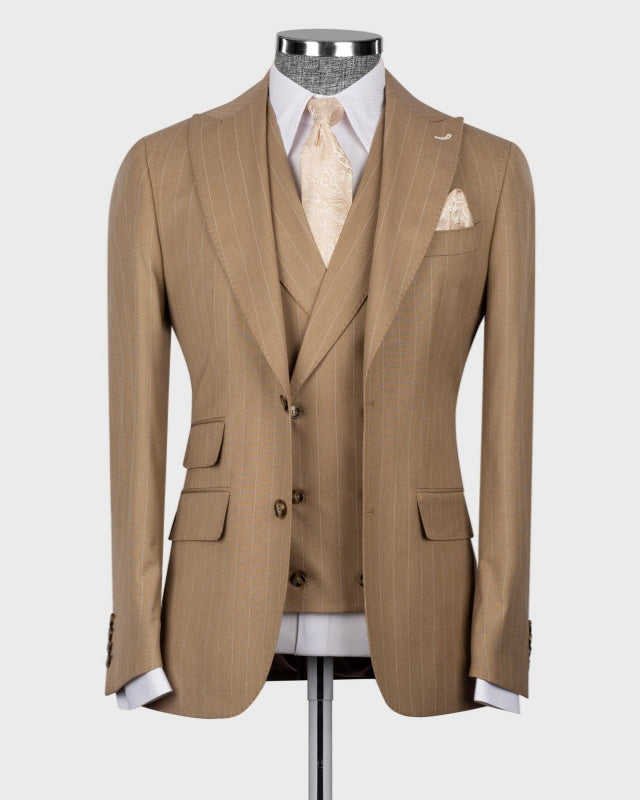 Modern Khaki 3 Pieces Slim Fit Pinstriped Business Suits
