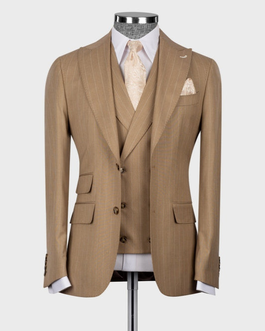 Modern Khaki 3 Pieces Slim Fit Pinstriped Business Suits