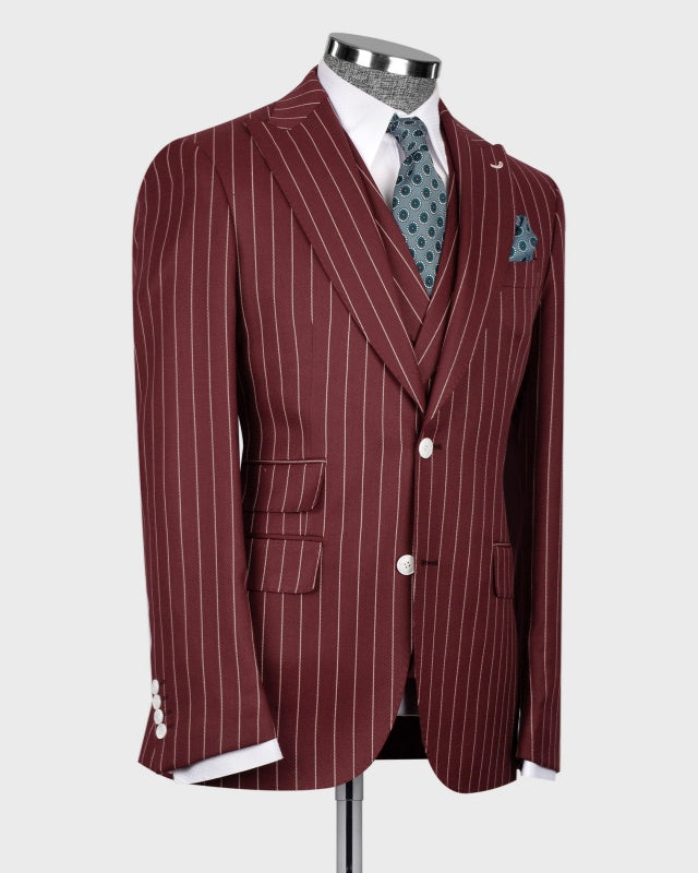 Glamorous Burgundy 3 Pieces Pinstriped Fashion Business Suits
