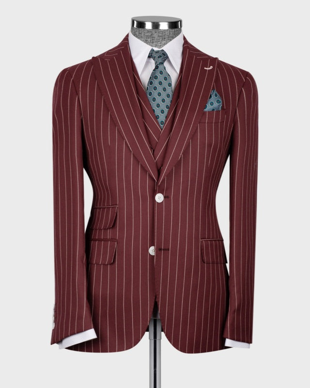 Glamorous Burgundy 3 Pieces Pinstriped Fashion Business Suits