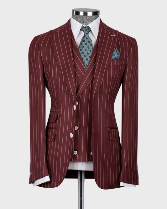 Glamorous Burgundy 3 Pieces Pinstriped Fashion Business Suits