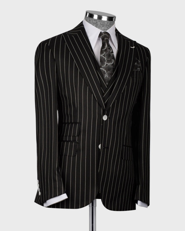 Classic Black 3 Pieces Pinstriped Close Fitting Men's Business Suits