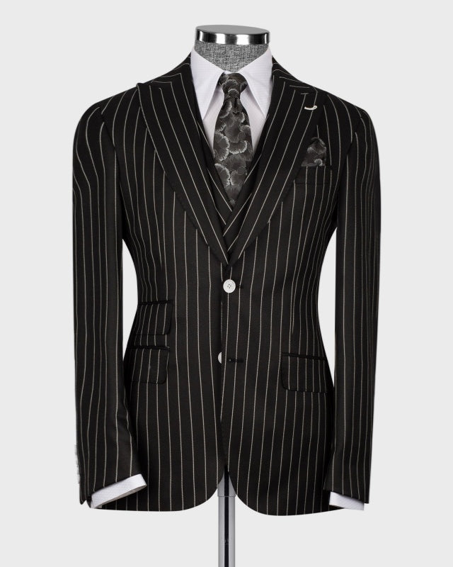 Classic Black 3 Pieces Pinstriped Close Fitting Men's Business Suits