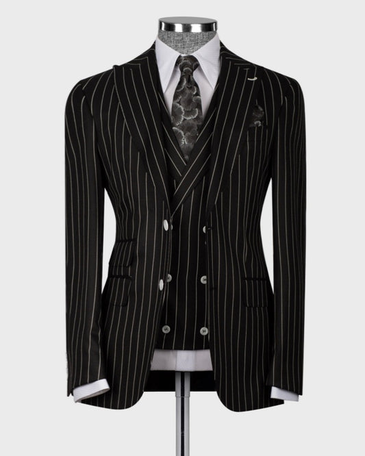Classic Black 3 Pieces Pinstriped Close Fitting Men's Business Suits