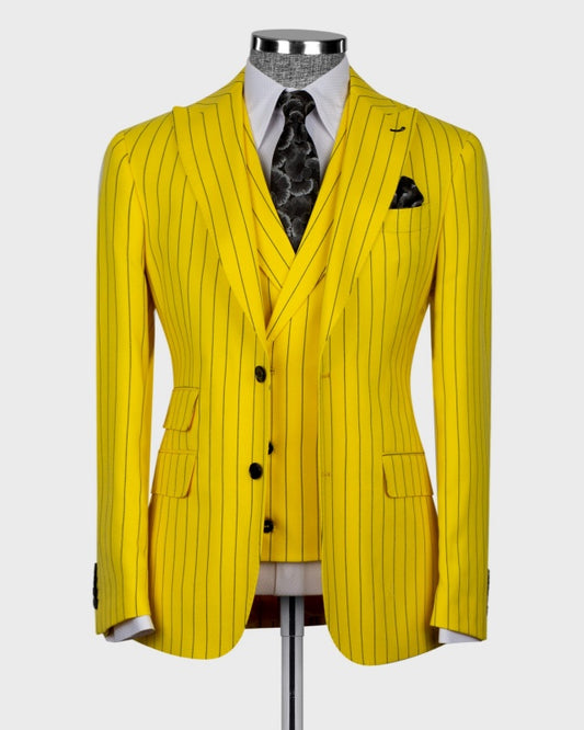 Fashion Light Yellow 3 Pieces Pinstriped Prom Suits For Men