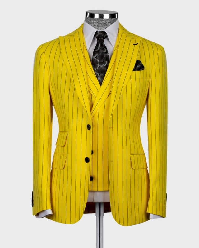 Fashion Light Yellow 3 Pieces Pinstriped Prom Suits For Men