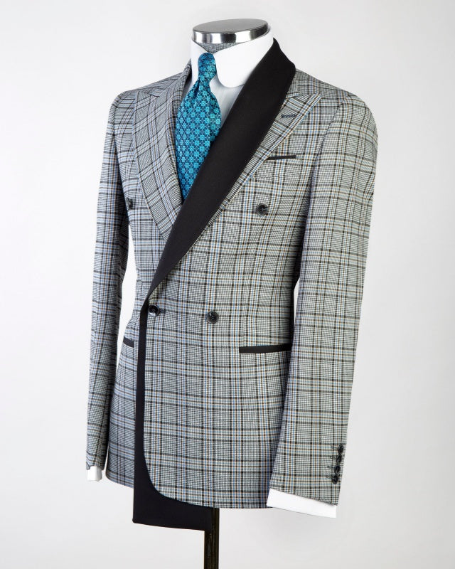 Chic Gray Plaid Double Breasted Big And Tall Business Suits