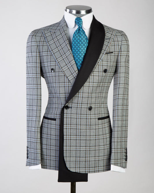 Chic Gray Plaid Double Breasted Big And Tall Business Suits