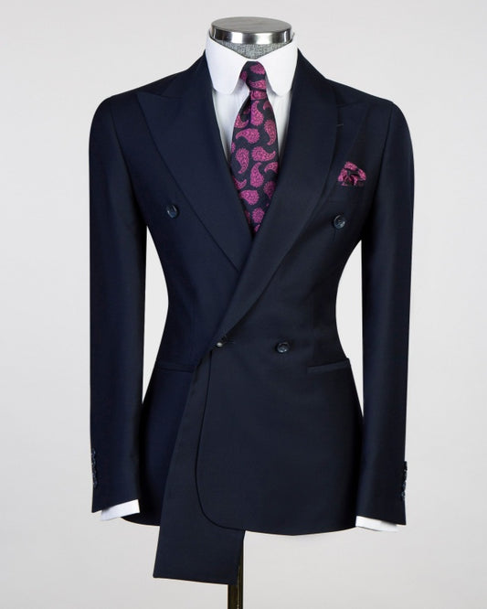 Modern Dark Navy Double Breasted Slim Fit Business Suits