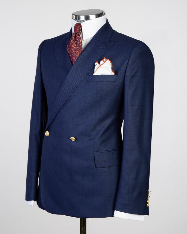 Trendy Navy Blue Plaid Double Breasted Men's Business Suits