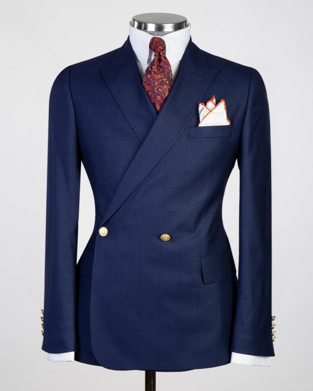 Trendy Navy Blue Plaid Double Breasted Men's Business Suits