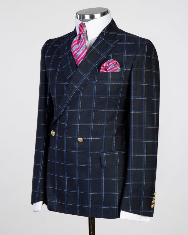 Newest Dark Navy Plaid Double Breasted Slim Fit Business Suits