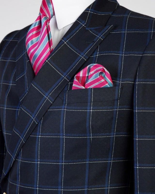 Newest Dark Navy Plaid Double Breasted Slim Fit Business Suits