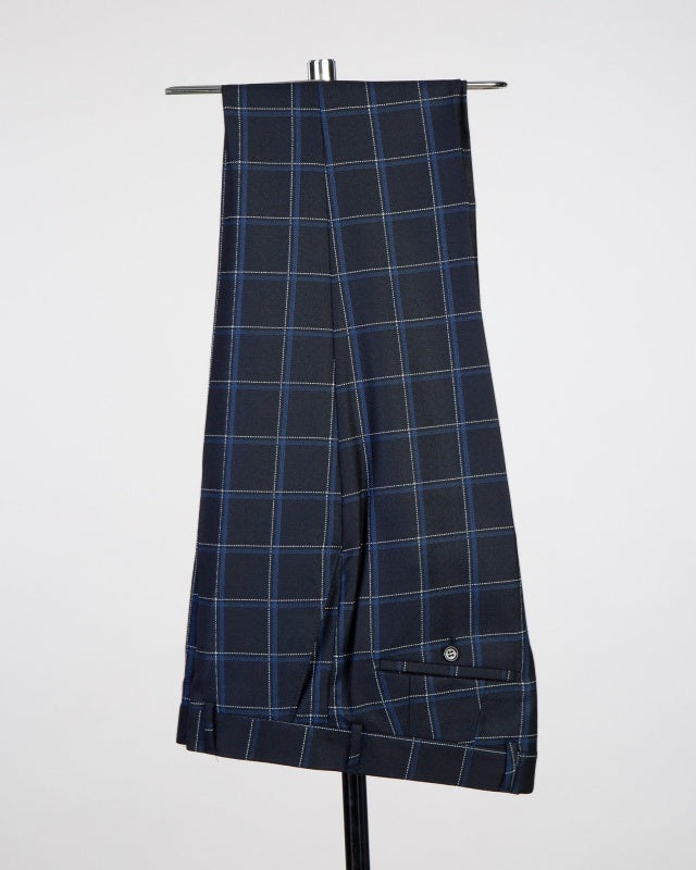 Newest Dark Navy Plaid Double Breasted Slim Fit Business Suits