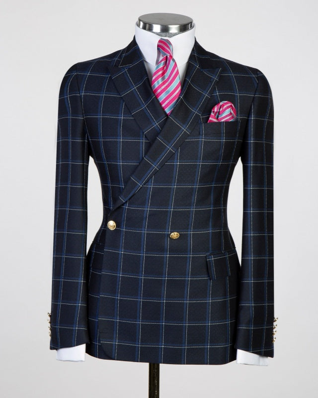 Newest Dark Navy Plaid Double Breasted Slim Fit Business Suits