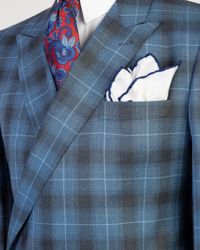 Glamorous Blue Plaid Double Breasted Business Suits For Men