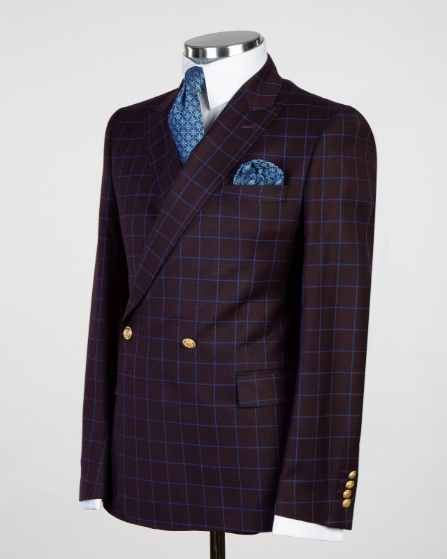 Fashion Grape Double Breasted Business Suits With Blue Plaid