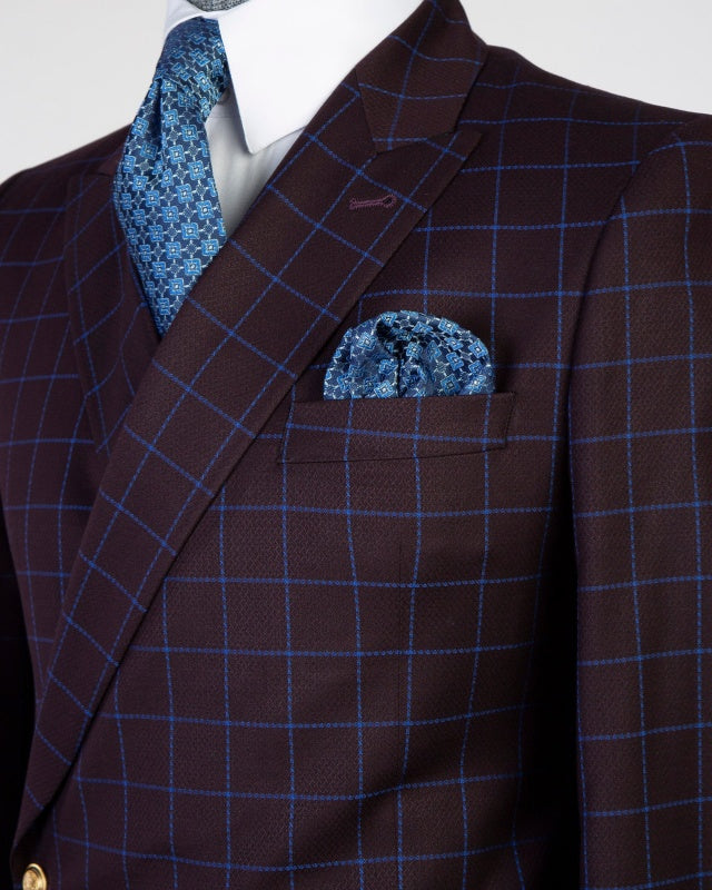 Fashion Grape Double Breasted Business Suits With Blue Plaid