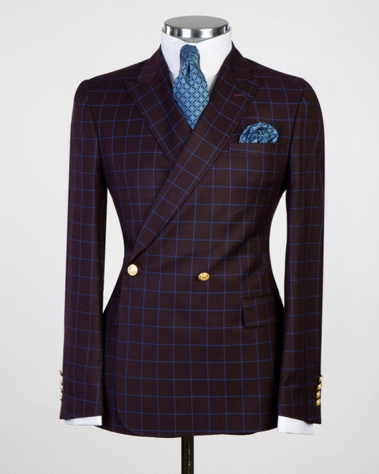 Fashion Grape Double Breasted Business Suits With Blue Plaid
