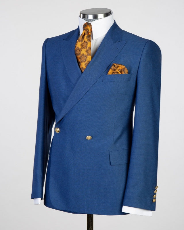 Fancy Royal Blue Double Breasted Peaked Lapel Business Suits