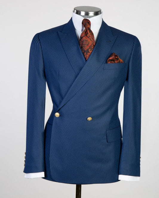 Formal Navy Blue Pinstriped Double Breasted Men's Business Suits