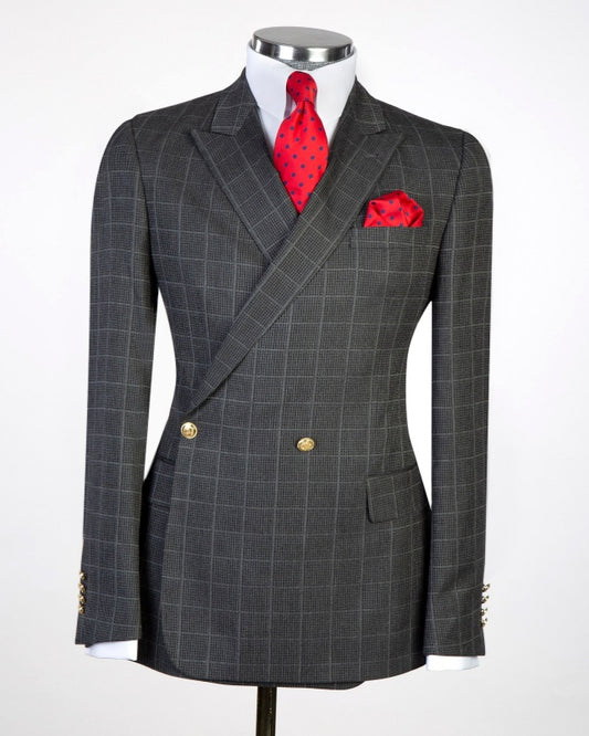 Modern Dark Gray Double Breasted Plaid Slim Fit Business Suits