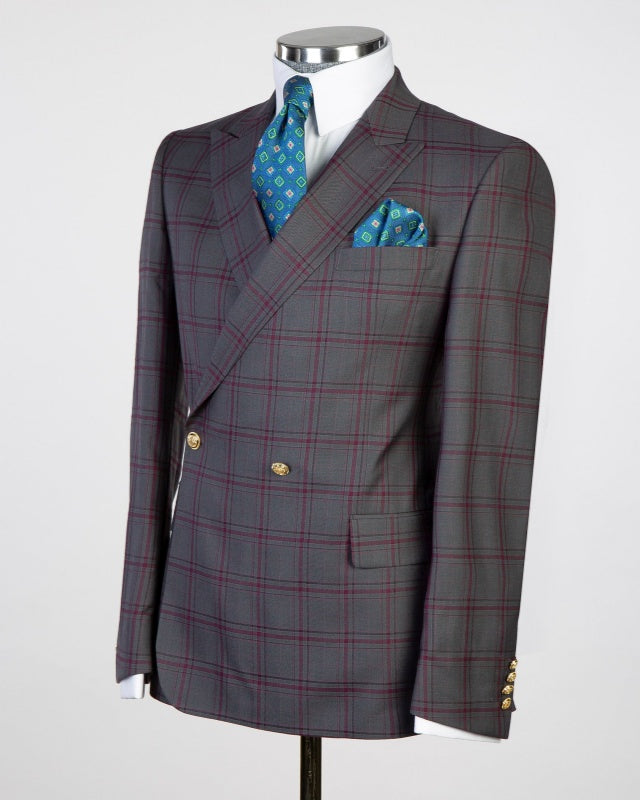 Cool Dark Gray Double Breasted Business Suits With Red Plaid