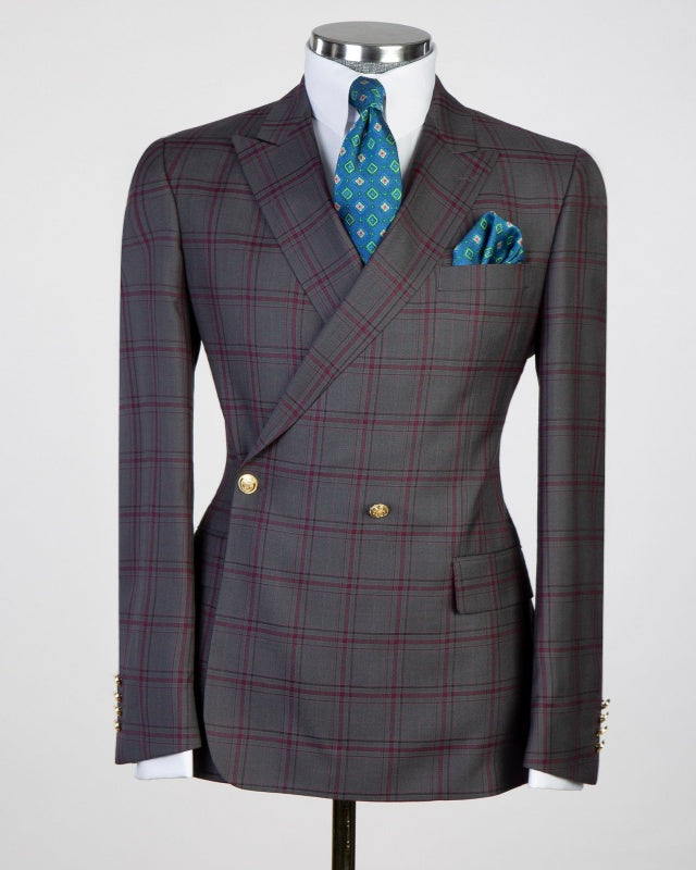 Cool Dark Gray Double Breasted Business Suits With Red Plaid
