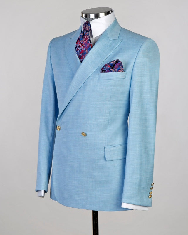 Stylish Sky Blue Double Breasted Peaked Lapel Prom Suits